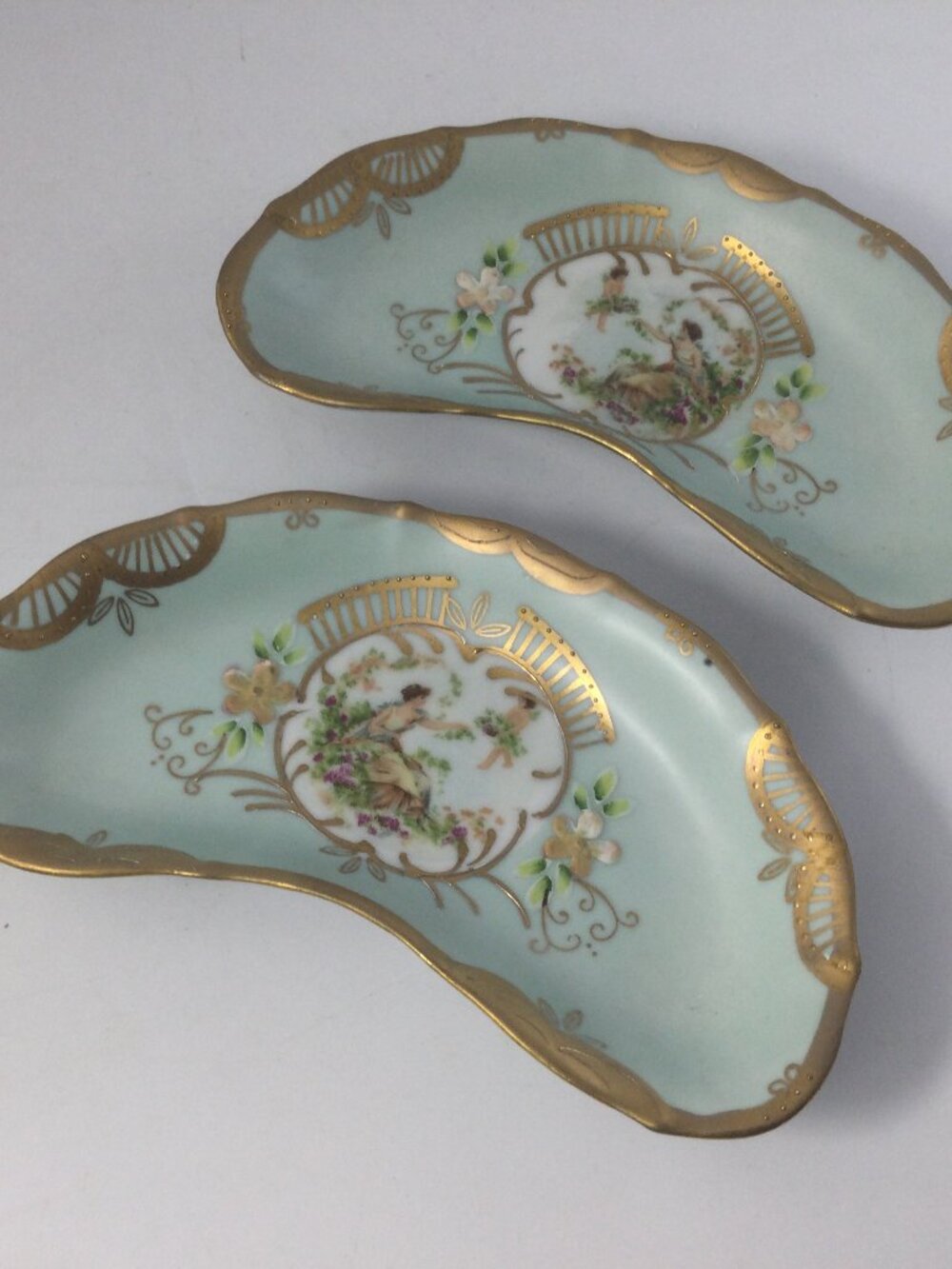 2 Vintage Lenwille Ardalt Handpainted Bone Side Dishes Gold Victorian 7" Japan